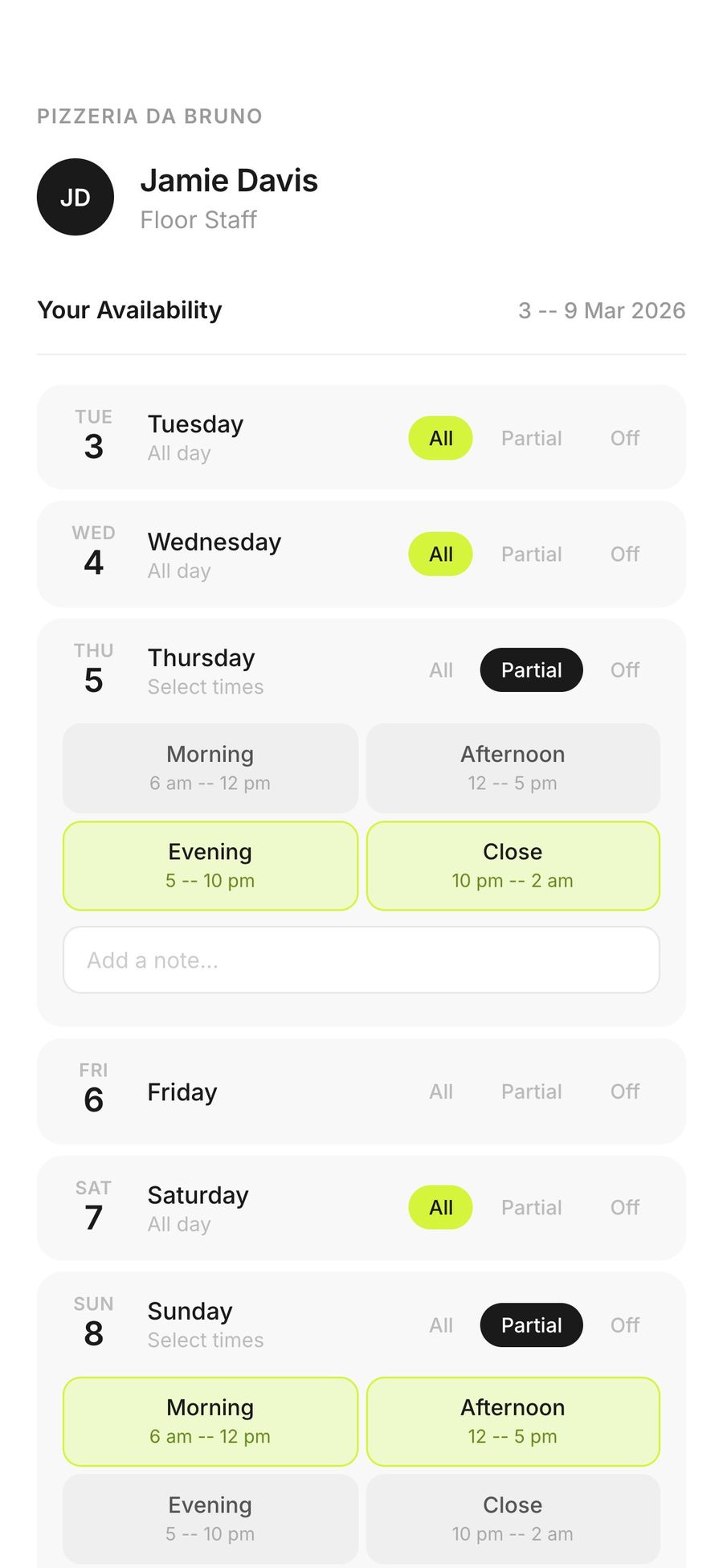 Staff availability on iPhone