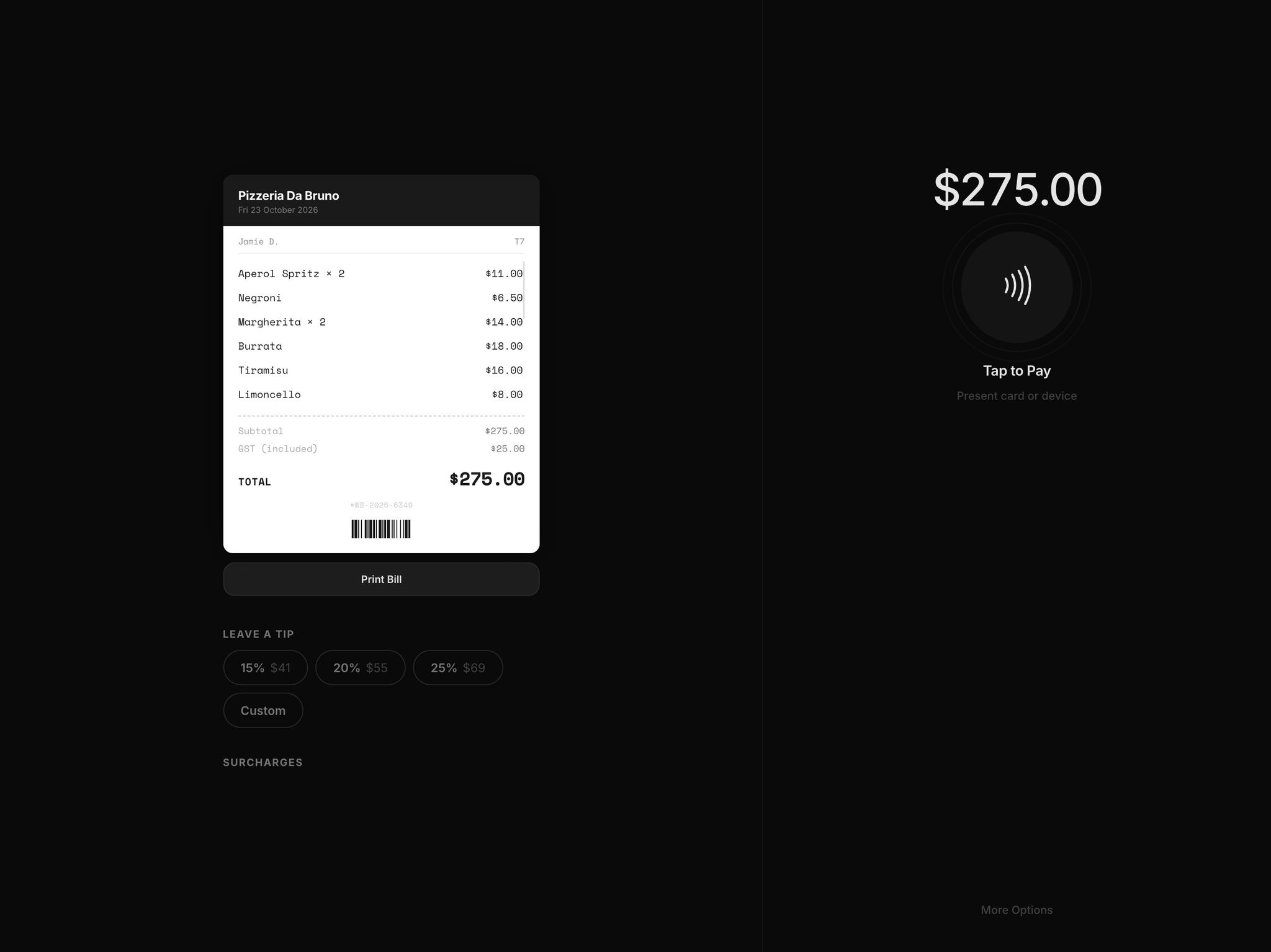 Split, tip and tap to pay